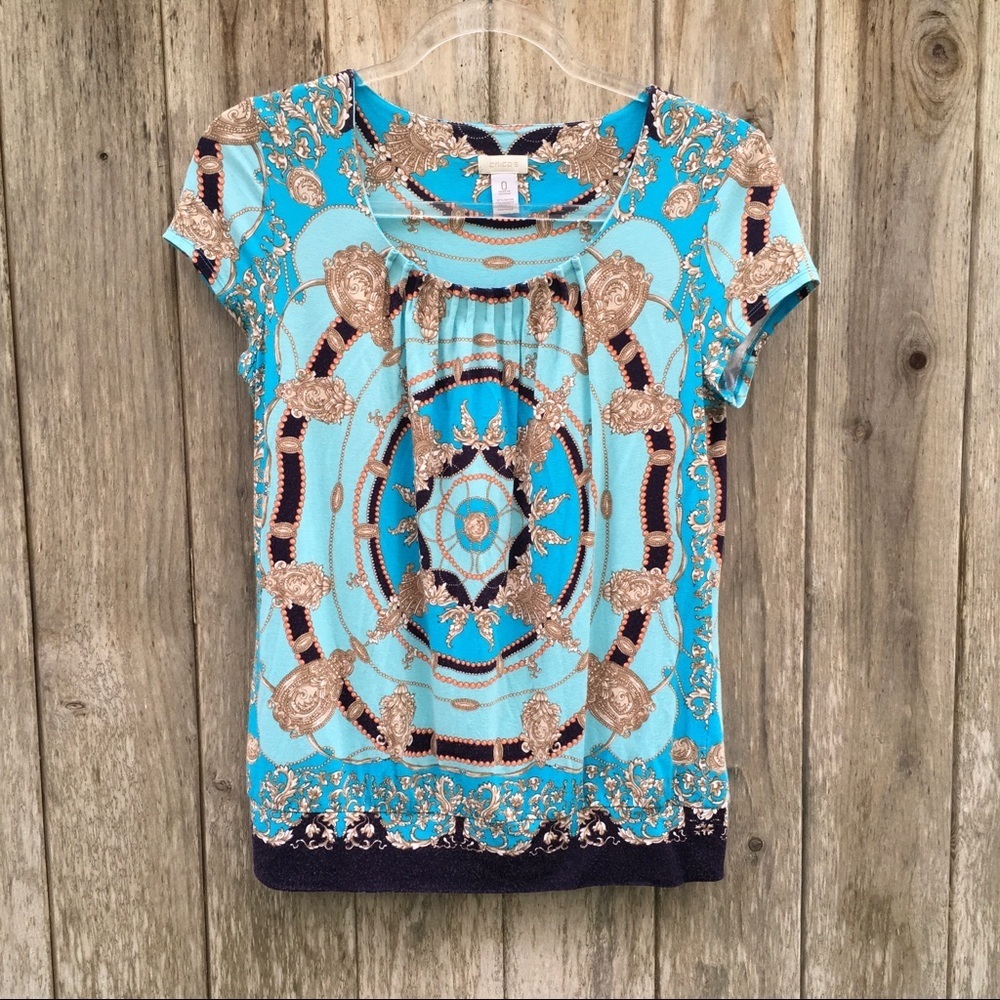 Chico's Blue and Gold Scarf Print Short Sleeve Top Blouse Size 0